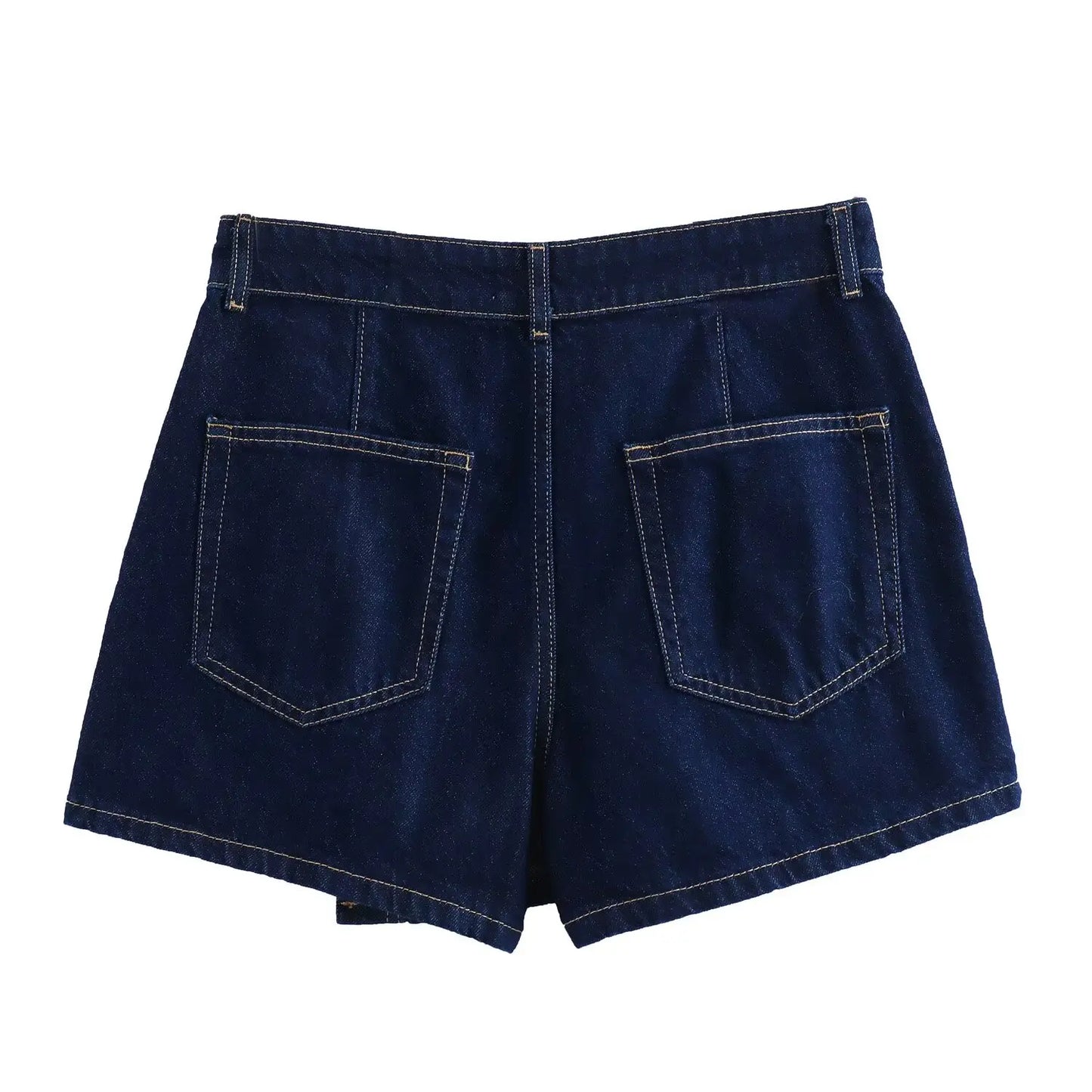 TRAFZA Summer Women Suits Denim Blue Turn-Down Collar Short Sleeves Pocket Decoration Shirts+Mid Waist Asymmetrical Shorts
