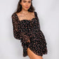 2022 Women Sexy Cross Bandage Black Flower Print Puff Long Sleeve Dress 3 layer Wood Ears Ruffles Hem Cake Mini Holiday Robe