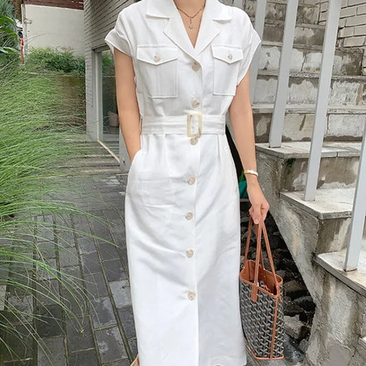 Korean Chic Retro Stand Collar Multi-Pocket Design Ring Buckle Waist Cinching Short Sleeve Dress with Belt Women's Dress