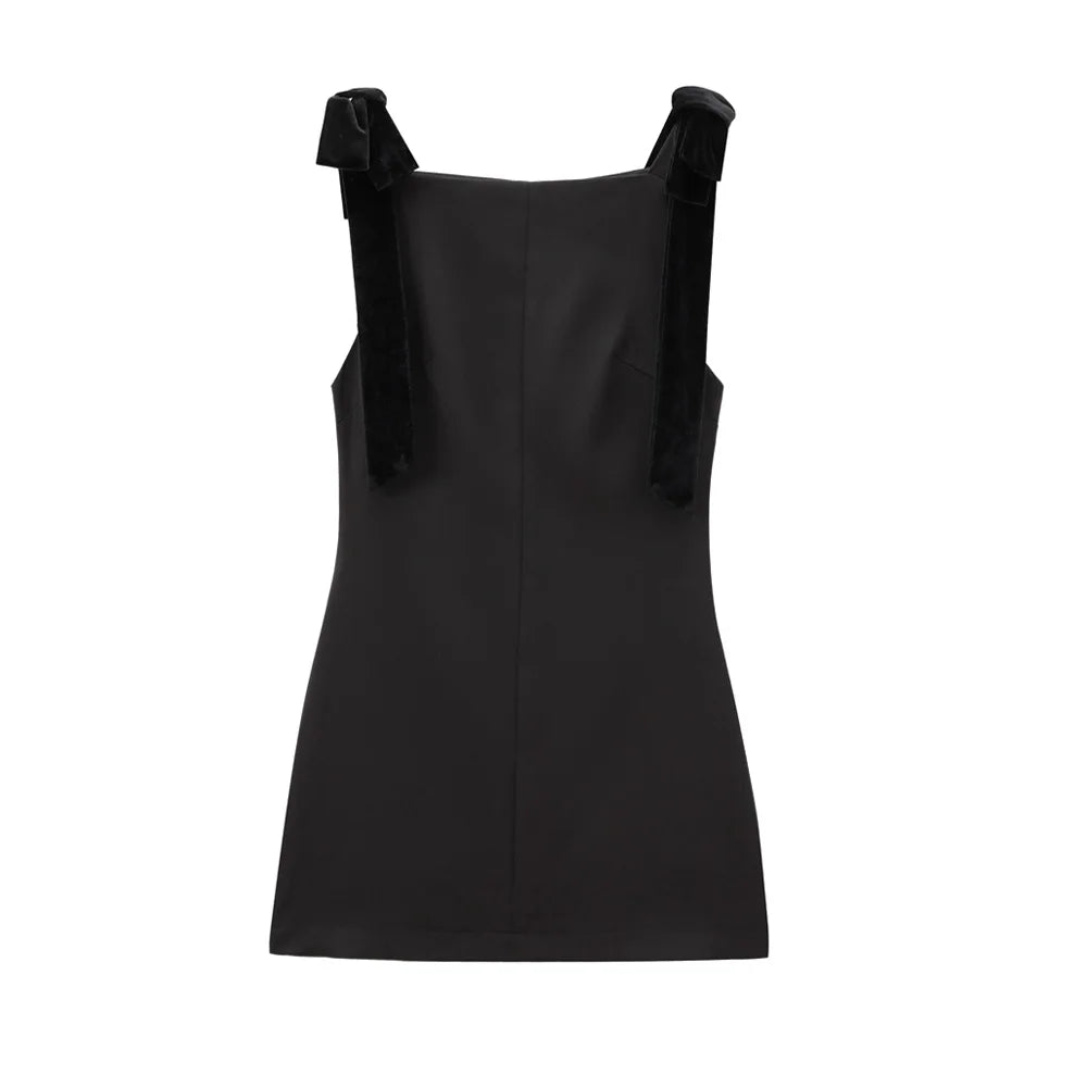 TRZA-Women's Contrast Velvet Bow Mini Dress, Straight Neck, Back Zipper, Female Dresses, Sexy Fashion