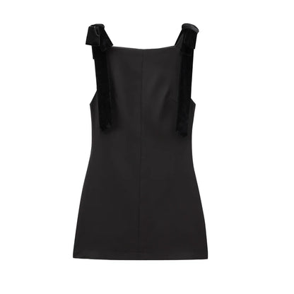 TRZA-Women's Contrast Velvet Bow Mini Dress, Straight Neck, Back Zipper, Female Dresses, Sexy Fashion