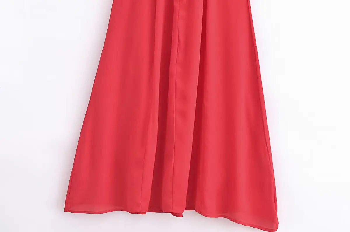 French Red Holiday Party Sling Summer Dress For Women Bow Shoulder A-line Slim Midi Chiffon Dresses