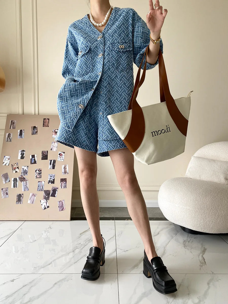 Women's Denim Short Sleeve Top and Shorts Two Piece Suit French Fashion Spring Summer Cowgirl Top Streetwear Korean Leisure New