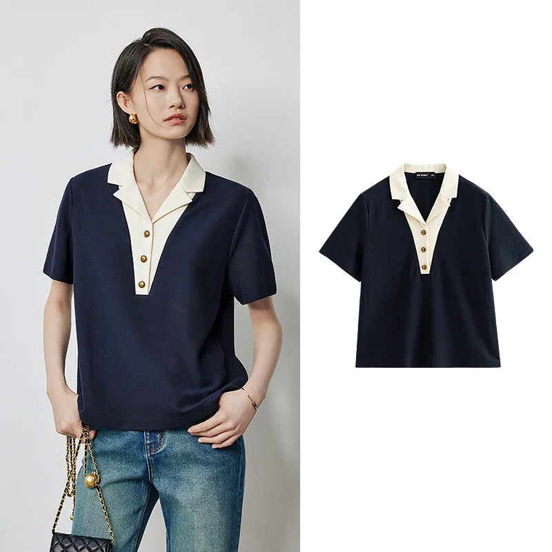 TOYOUTH Women Contrasting Colors POLO Collar T-shirt 2025 Summer New Short Sleeved Top