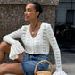 Trendix Summer Knit Long Sleeve Cardigan For Women V Neck Solid Bodycon Hollow Out Short Tops Party Club Slim Vacation Top Femme