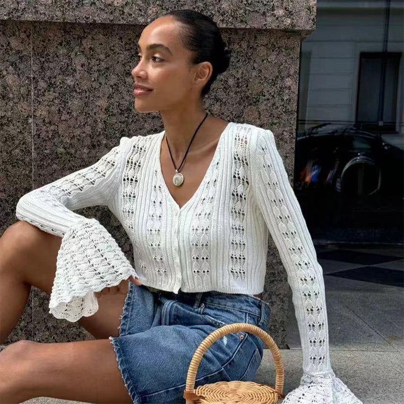 Trendix Summer Knit Long Sleeve Cardigan For Women V Neck Solid Bodycon Hollow Out Short Tops Party Club Slim Vacation Top Femme