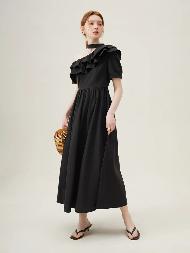 FSLE Black Women Dress 100% Cotton Ankle-Length Women Summer Dress One-shoulder Sleeve Ruffled Pink Maxi Dress 24FS18015