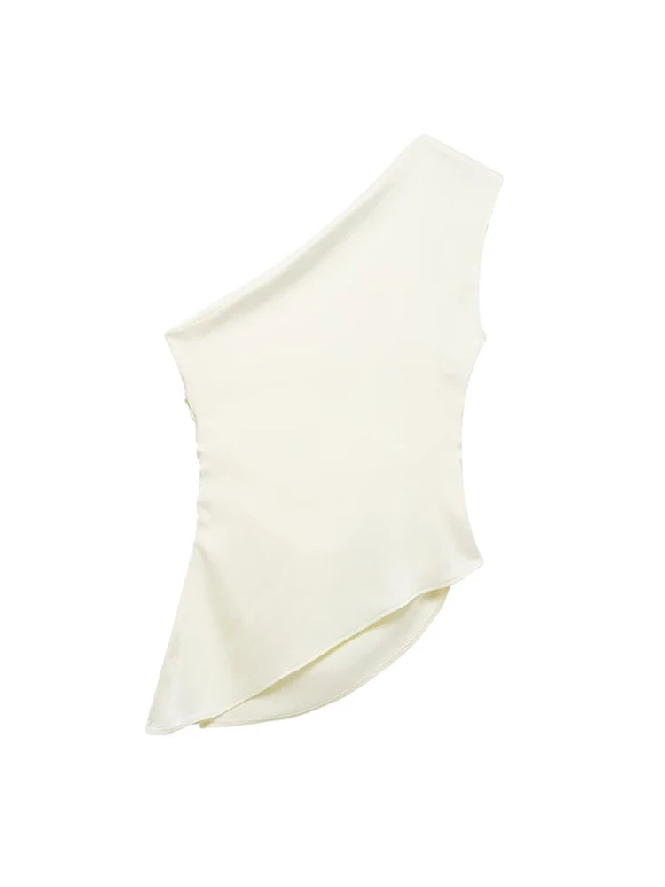 TRZA Women's Asymmetric Draped Blouse One Shoulder Side Zipper Chic Fashion Top Female Shirt