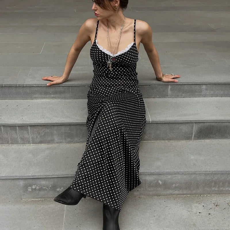 Talenza Black Lace Long Dress Women Fashion Polka Dot Printed Sleeveless Halter Dress Summer Sexy High Waist Party Evening Dress