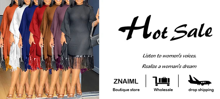 Znaiml Elegant Batwing Sleeve Tassel Slim Birthday Party Black Midi Dresses Women Sexy Evening Prom Bodycon African Vestidos New