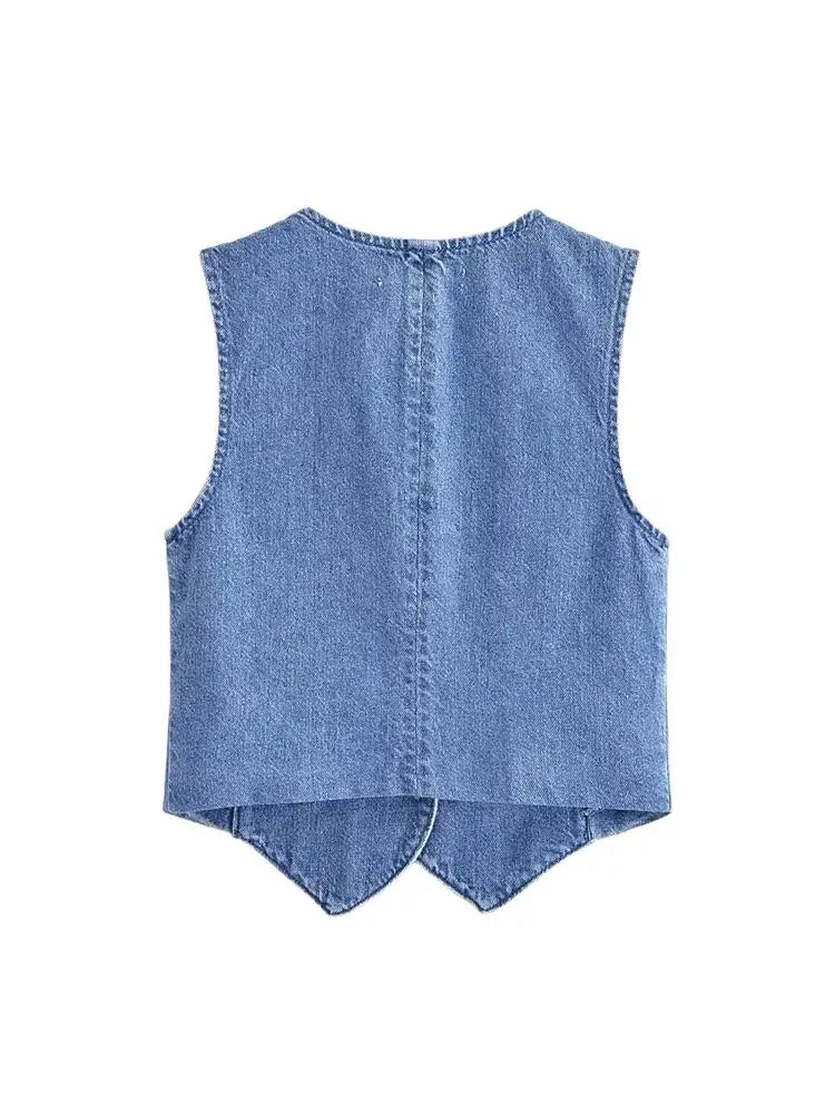 TRZA Women Fashion Front Button Denim Waistcoat Vintage V Neck Sleeveless Female Outerwear Chic Vest Tops