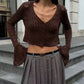 Trendix Summer Knit Long Sleeve Cardigan For Women V Neck Solid Bodycon Hollow Out Short Tops Party Club Slim Vacation Top Femme