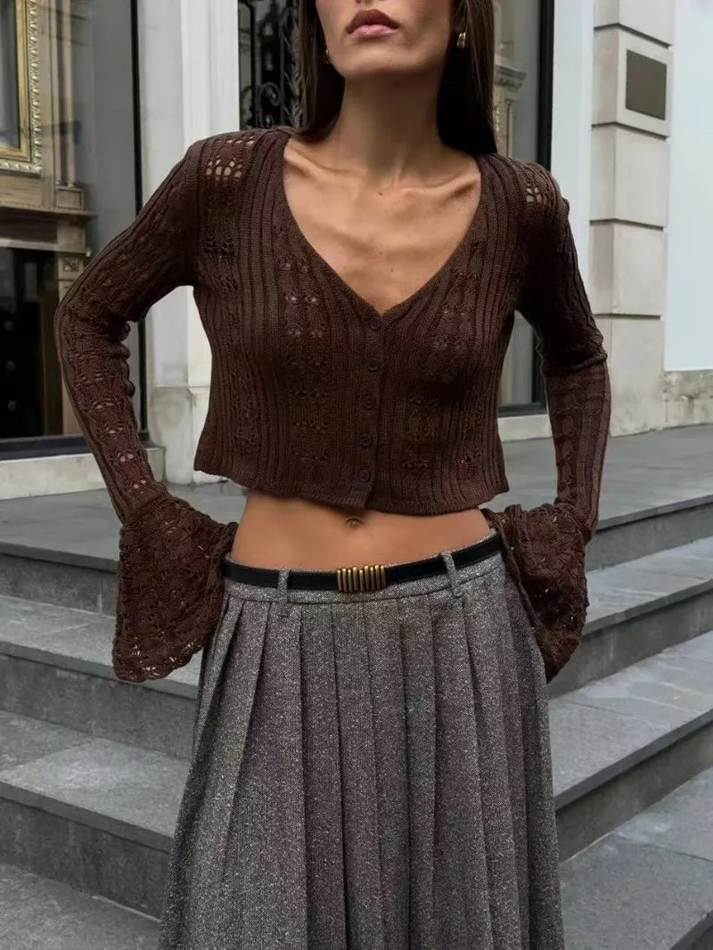Trendix Summer Knit Long Sleeve Cardigan For Women V Neck Solid Bodycon Hollow Out Short Tops Party Club Slim Vacation Top Femme