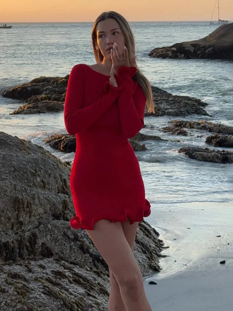 TARUXY Spring New Knitted Mini Dress For Women Fungus Contrast Color Slim Sweater Dress Elegant Female Party Clothes Long Sleeve