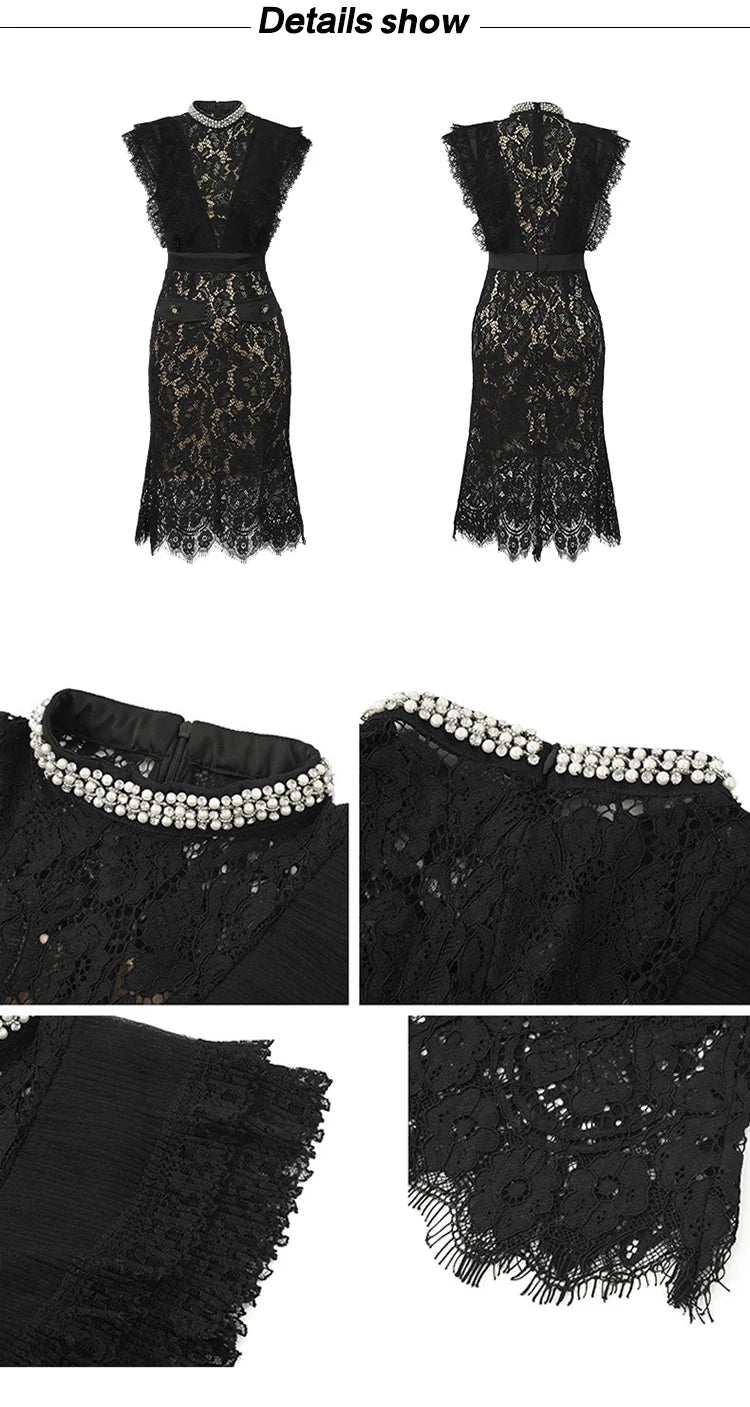 Women's French Noble Elegant Prom Dresses Black Lace Sheer Perspective Diamond High Waist Fishtail Robe Party Banquet Vestidos