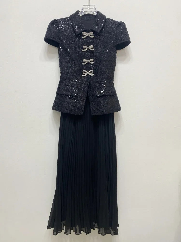 Luxury Tweed Dresses Women 2025 Summer Holiday Big Bow Crystal Fake 2 Piece Sets Sequins Chiffon Long Dress Party Vestidos Prom