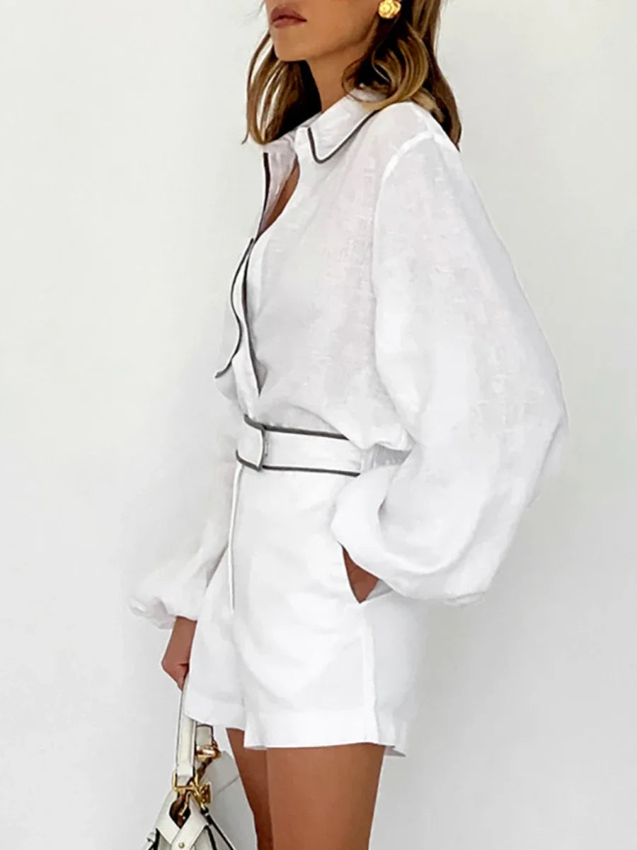 Bornladies 100% Cotton Casual Fashion Long Sleeve Set Summer Women's Pocket Black White Chic Shirt Shorts Loose Two-piece Set