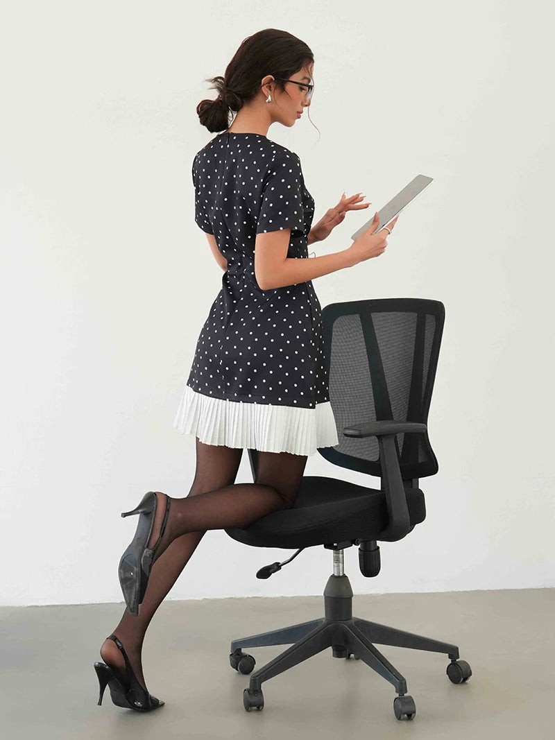 Elegant Retro Black Polka Dot Dress Women Office Style Sexy Short Summer Dresses Short Sleeve Polka Dot Beach Dress Women 2025
