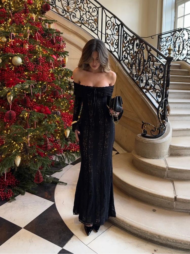 Oligai Winter Lace Long Sleeve Evening Party Dresses Women 2025 Black Sexy Elegant Maxi Dress Fashion Long Wedding Guest Dress