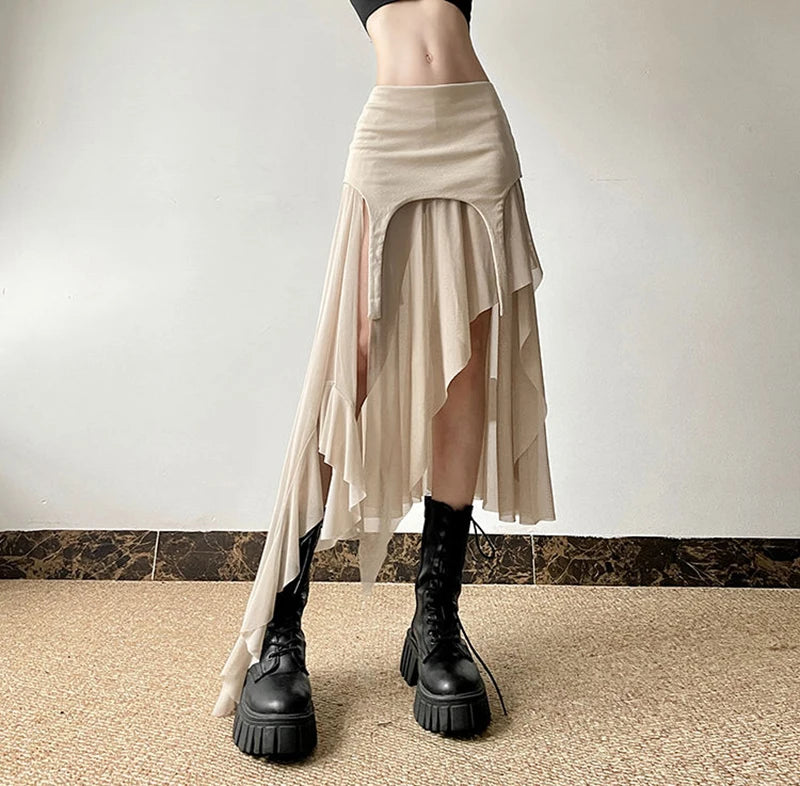 Zoki Sexy Irregular Y2K Skirts Women Vintage American High Waist Slim Slit Long Skirt Casual Lady Streetwear Retro Summer Skirts