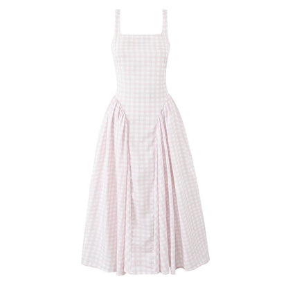 Sexy Sleeveless Elegant Plaid Dress Women Lace Up Back A-line Midi Summer Dresses Party Robe
