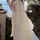 Vintage Women Beige Elegant Off Shoulder Evening Party Dress Summer Sleeveless Vacation Pleated Halter Cake Long Sundress Simple