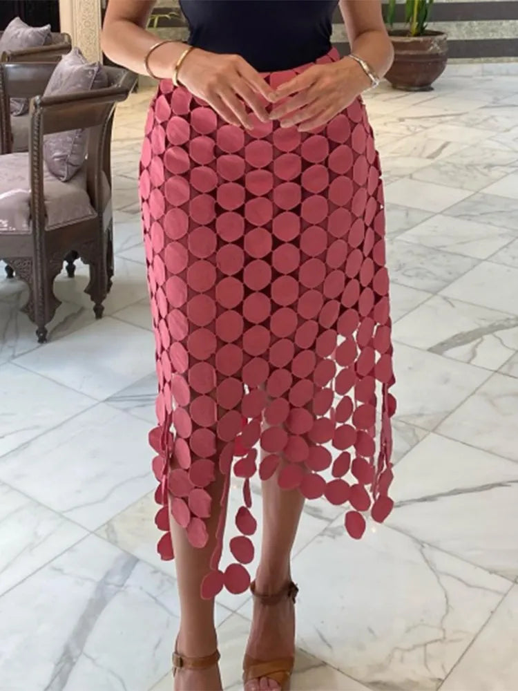 TWOTWINSTYLE Solid Minimalist Casual Skirt For Women High Waist Patchwork Zipper Irregular Hollow Out Skirts Female Fashion New