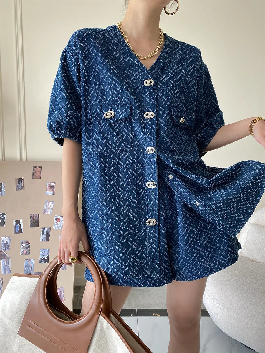Women's Denim Short Sleeve Top and Shorts Two Piece Suit French Fashion Spring Summer Cowgirl Top Streetwear Korean Leisure New