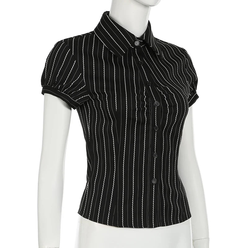 CIBBAR Black Striped Print Blouse Vintage 2000s Button Up Puff Short Sleeve Crop Top Women Korean Fashion T Shirt Streetwear y2k