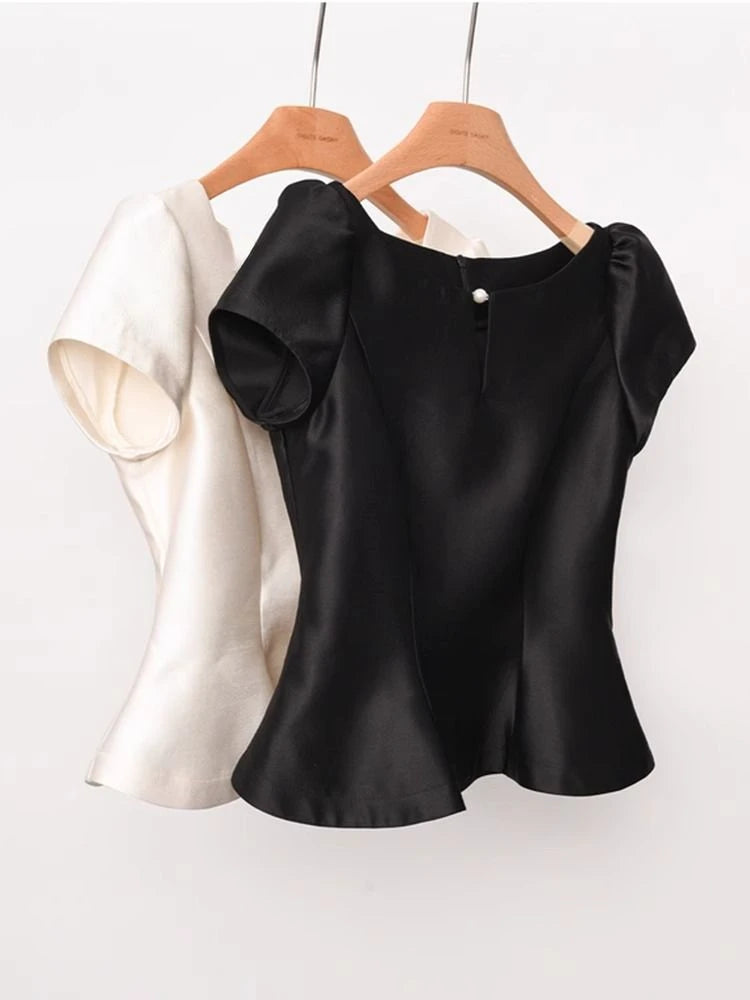 2025 Blusas Mujer De Moda Solid O Neck Shirts Women Puff Sleeve Summer Blouses Crop Tops Fashion Zipper Temperament Blouse