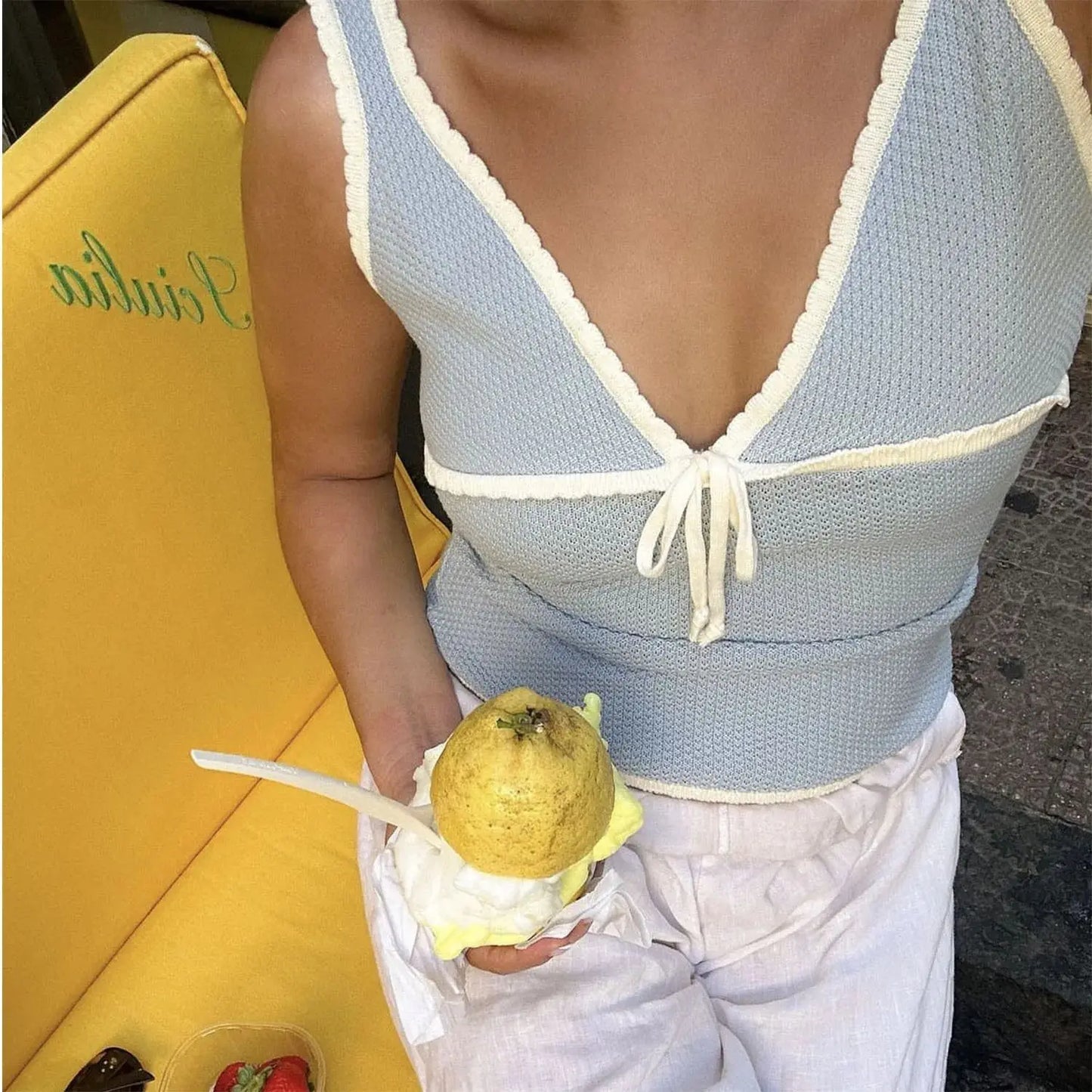 Bow V-neck Knitted Slim Crop Top Women Summer Patchwork Spaghetti Strap Sleeveless Tank Tops Casual Streetwear All-match Vests