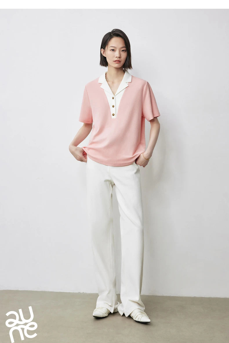 TOYOUTH Women Contrasting Colors POLO Collar T-shirt 2025 Summer New Short Sleeved Top