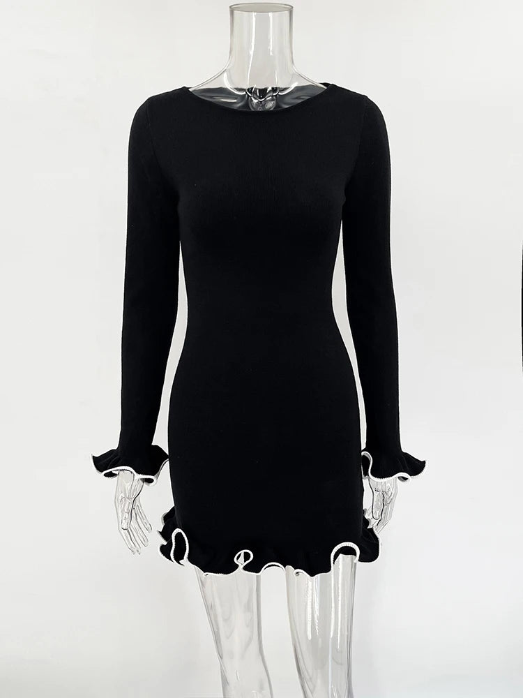 TARUXY Spring New Knitted Mini Dress For Women Fungus Contrast Color Slim Sweater Dress Elegant Female Party Clothes Long Sleeve
