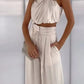 Women's Two Piece Pants Sets Open Navel Outfit Silk Pleated Texture Sleeveless Top Wide Leg Pants Set Summer Matching Sets 2024