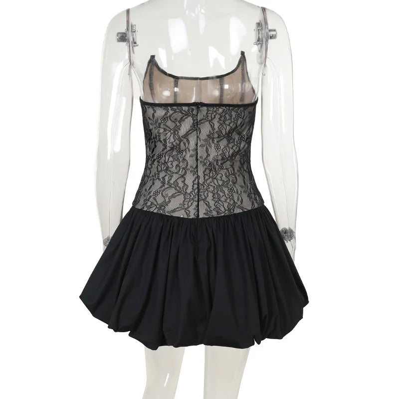 Talenza Black Lace Strapless Dress Women's Sexy Sleeveless Pleated A-Line High Waist Dress Backless Off Shoulder Y2k Party Dress