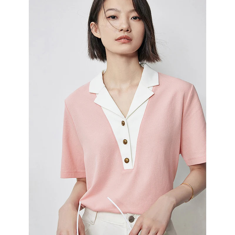 TOYOUTH Women Contrasting Colors POLO Collar T-shirt 2025 Summer New Short Sleeved Top