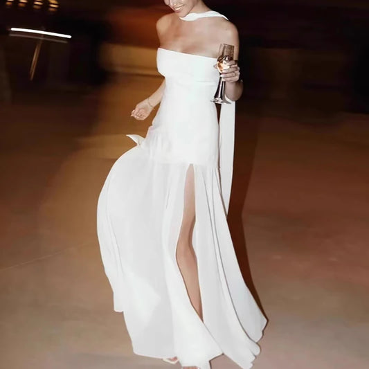 Casual Mesh Patchwork Women's Long Dress Fashion Strapless Split Banquet Dress 2025 Spring Summer Elegant Solid Holiday Dresses