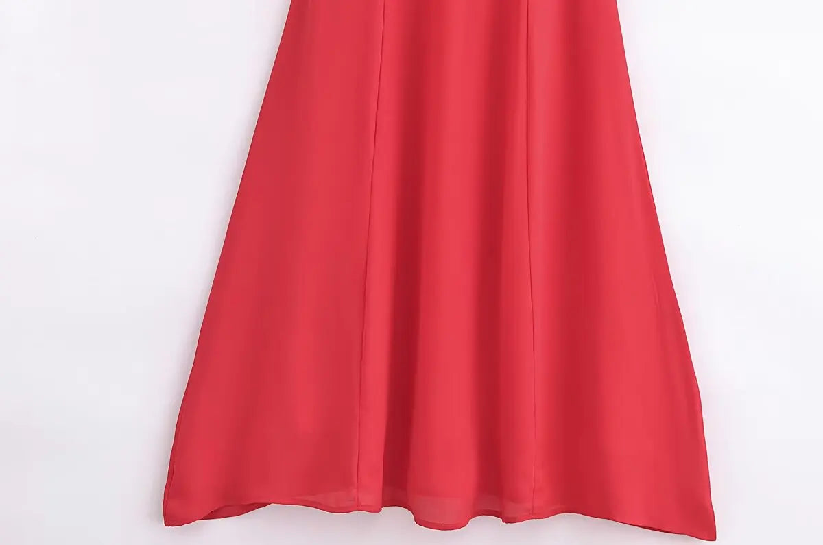 French Red Holiday Party Sling Summer Dress For Women Bow Shoulder A-line Slim Midi Chiffon Dresses