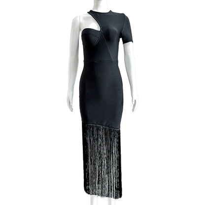 Wholesale Women's Black White Short Sleeve Tassel Tight Sexy Evening Celebrity Cocktail Party Bandag Long Dress