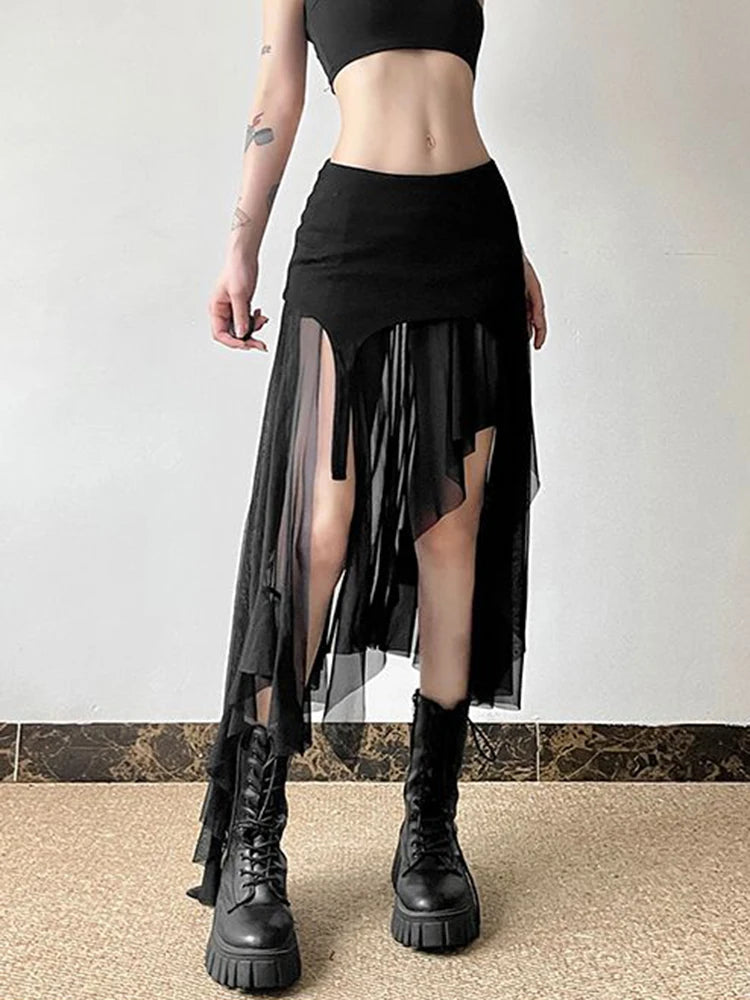 Zoki Sexy Irregular Y2K Skirts Women Vintage American High Waist Slim Slit Long Skirt Casual Lady Streetwear Retro Summer Skirts