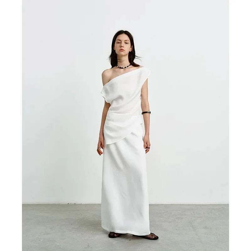 Elegant High-Waisted A- Line Skirt For Women Summer Commuting Long Dress Textile Song WhiteDrapedSideSlitLongDress