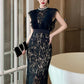 Women's French Noble Elegant Prom Dresses Black Lace Sheer Perspective Diamond High Waist Fishtail Robe Party Banquet Vestidos