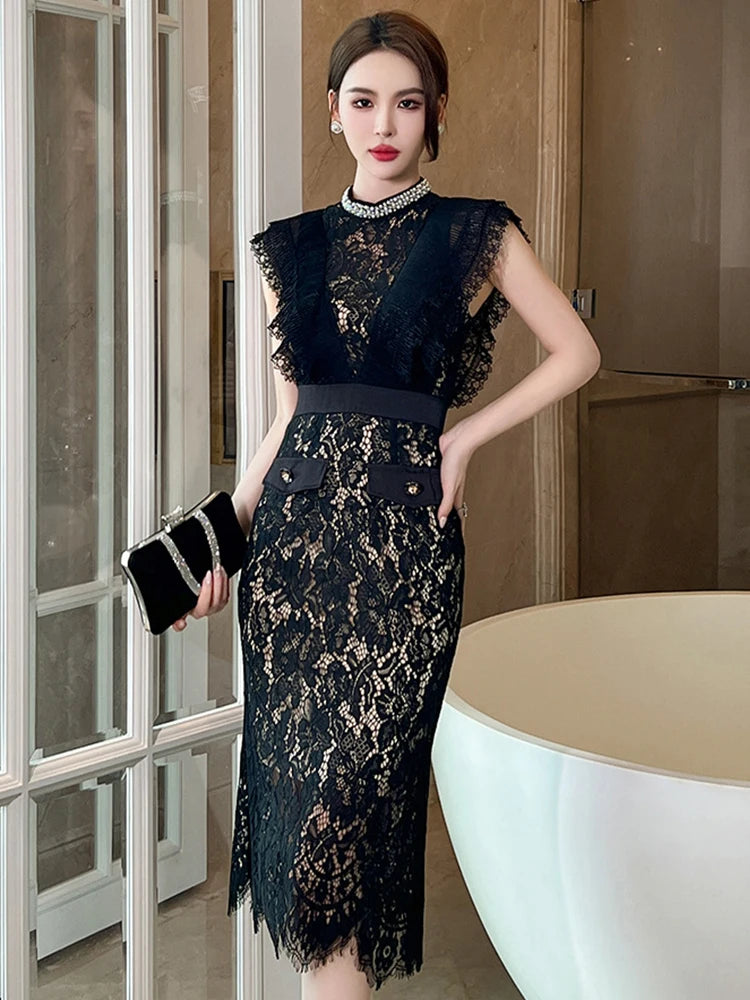 Women's French Noble Elegant Prom Dresses Black Lace Sheer Perspective Diamond High Waist Fishtail Robe Party Banquet Vestidos
