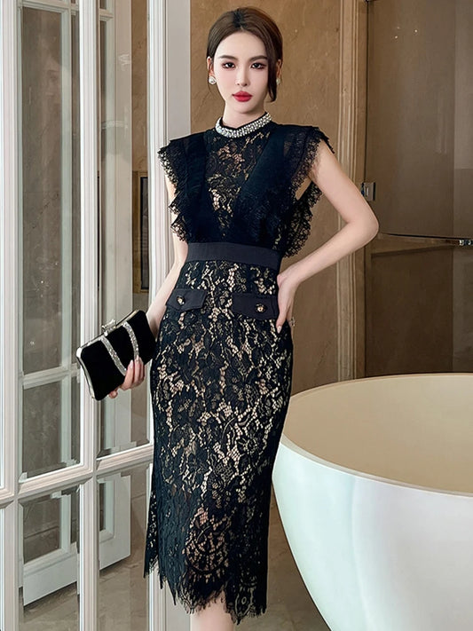 Women's French Noble Elegant Prom Dresses Black Lace Sheer Perspective Diamond High Waist Fishtail Robe Party Banquet Vestidos