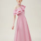 FSLE Black Women Dress 100% Cotton Ankle-Length Women Summer Dress One-shoulder Sleeve Ruffled Pink Maxi Dress 24FS18015