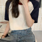 AOSSVIAO Summer Tops for Women Tshirt Turn Down Collar Short Sleeve Beige Blue Chic Y2k Fashion Patchwork 2025 T Shirts