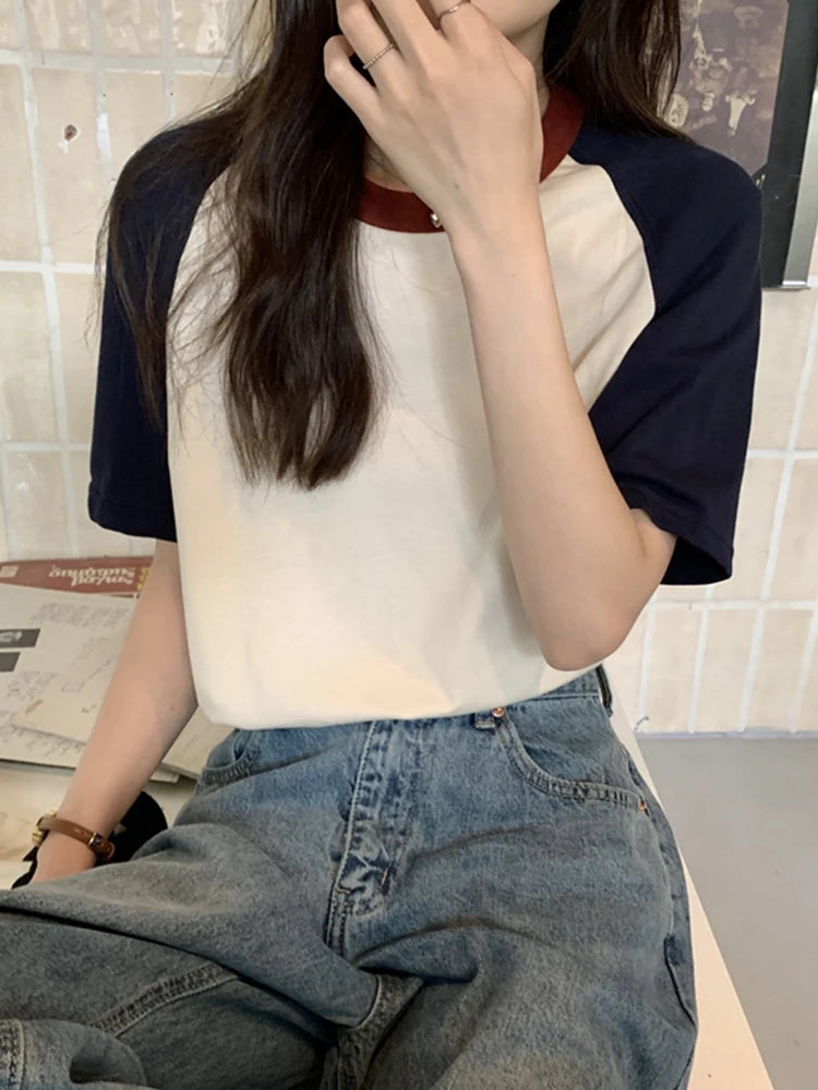 AOSSVIAO Summer Tops for Women Tshirt Turn Down Collar Short Sleeve Beige Blue Chic Y2k Fashion Patchwork 2025 T Shirts
