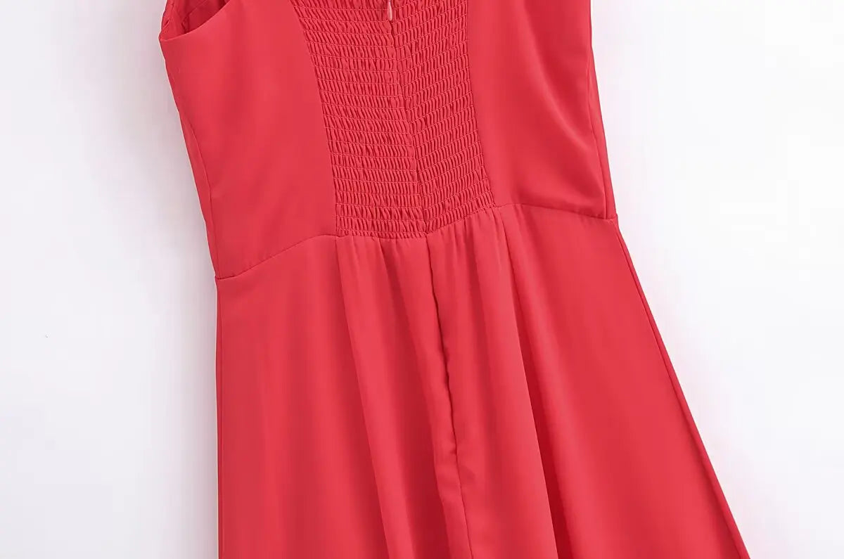 French Red Holiday Party Sling Summer Dress For Women Bow Shoulder A-line Slim Midi Chiffon Dresses
