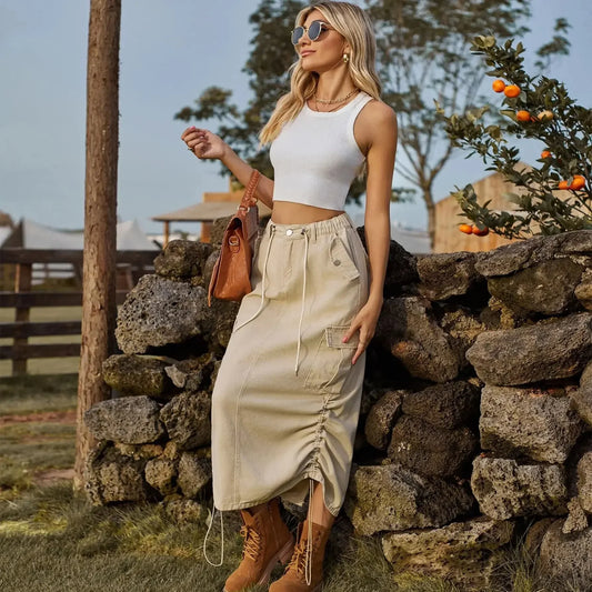 Leisure elastic waist work dress, fashionable women's mid length skirt