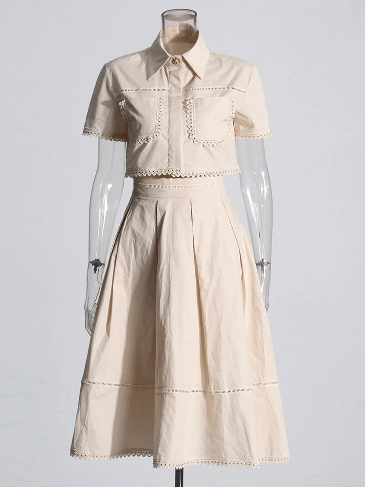 GALCAUR Elegant Two Piece Sets For Women Lapel Short Sleeve Tops High Waist A Line Pleated Skirts Solid Set Female Summer 2023